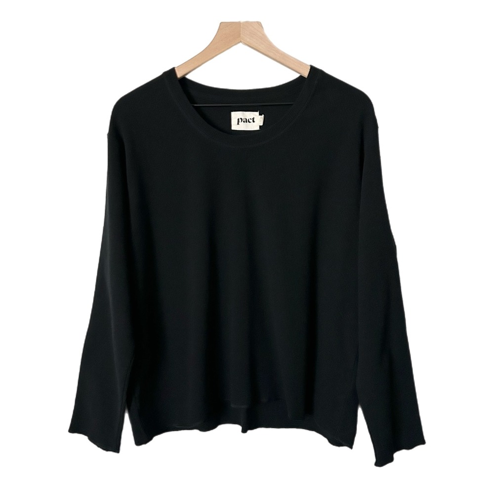 Pact Waffle Knit Top 100% Organic Cotton Black Long Sleeve Crewneck Size Large